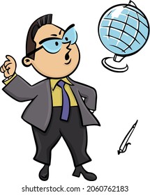 Vector Isolated Crazy Scientist Man In A Suit Is Clever By Raising His Index Finger Up Next To A Globe And A Pen