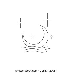 Vector isolated crescent moon drowning in water waves colorless black and white contour line drawing