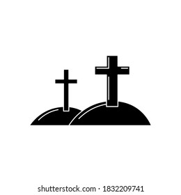 Vector isolated cross on the cemetery. Halloween graveyard icon. Hill with cross silhouette. Dia de los muertos symbol