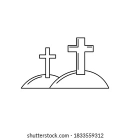 Vector isolated cross on the cemetery. Halloween line art icon. Hill with cross silhouette. Dia de los muertos symbol