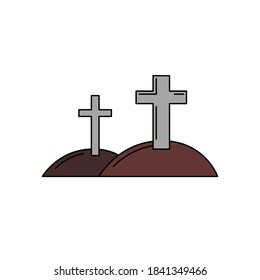 Vector isolated cross on the cemetery. Halloween flat icon. Hill with cross silhouette. Dia de los muertos symbol