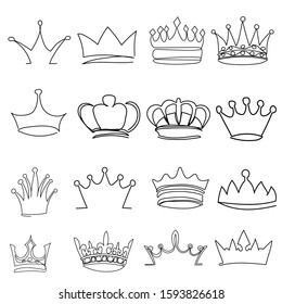 vector, isolated, crown drawing in one continuous line, set