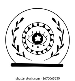 Vector isolated crystal ball on stand, simple line style on white background. Fortune telling glass globe with smoke of providence inside. Idea for esoteric, occult, magic and enchanted print.