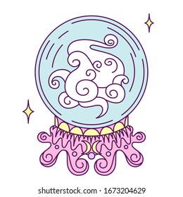 Vektorillustration einzeln auf Ständer, einfacher Linienstil auf weißem Hintergrund. Glücklicherweise erzählt Glaskugel mit Rauch der Vorsehung im Inneren. Ideal für esoterische, okkulte, magische und verzauberte Ausdrucke.
