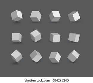 Vector isolated cubes in different positions on grey background.