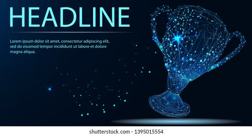 Vector isolated cup. Low poly wireframe and points. Polygonal 3D concept on dark background. Geometry triangle. Headline