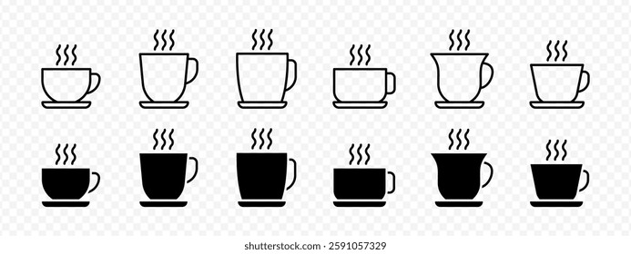 Vector isolated Cup and Saucer icon set in black outline and fill