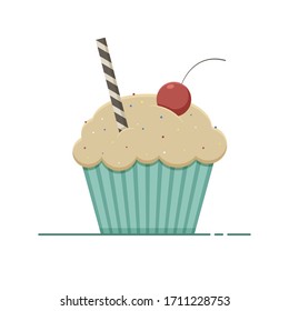 Vector isolated cupcake with a red berry and chocolate stick. Flat graphics.