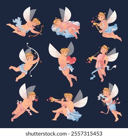 Vector isolated cupids on dark background. Set of amurs. Flying baby angels with bow and arrows, harp or flute, bouquet of daisies. Cartoon stickers for Valentine's day. Shot in the heart. Love.