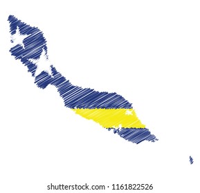 Vector of isolated Curacao map with the flag. Engraving style hatching pen pencil painting illustration concept.