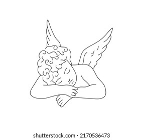 Vector isolated curly haired  sleeping angel with his head in his hands bust colorless black and white contour line doodle drawing