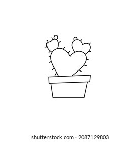 Vector isolated cute cactus heart shape line drawing. Colorless black line cactus in pot contour sketch.