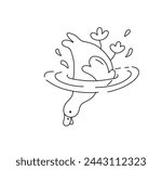 Vector isolated cute caroon funny duck dives under the water duck booty up colorless black and white contour line easy drawing	