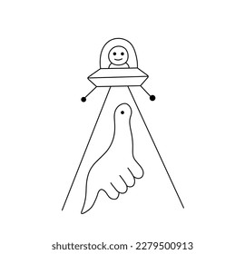 Vector isolated cute cartoon alien in flying saucer kidnap a dinosaur colorless black and white contour line easy drawing