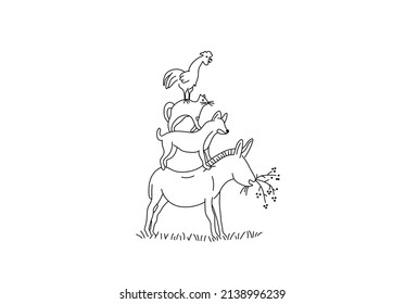 Vector isolated cute cartoon animals from the Bremen Town musicians standing next to each other colorless black and white contour line doodle drawing