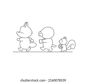 Vector isolated cute cartoon animals fox, beaver and squirrel following each other side view colorless black and white contour line drawing