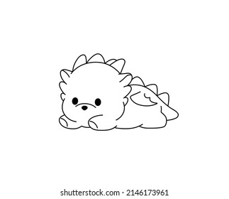 Vector isolated cute cartoon baby dragon with two short horns falling on his stomach colorless black and white contour line drawing