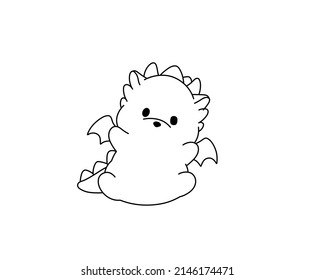 Vector aislado lindo tira dibujos animados bebé dragón con dos cortos cuernos y alas tendidos en su espalda incolora línea de contorno blanco y negro