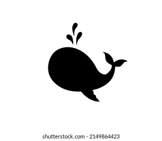 Vector isolated cute cartoon baby whale splashing with water outline black colored silhouette shadow