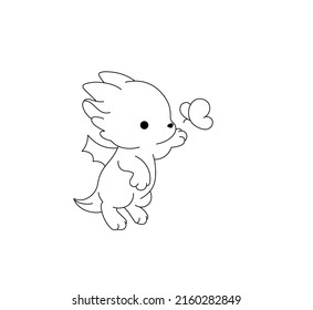 Vector isolated cute cartoon baby dragon with butterfly colorless black and white contour line drawing