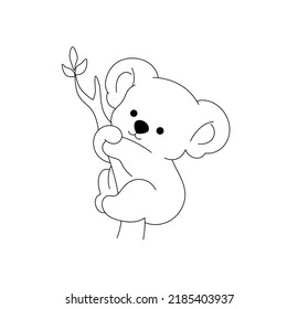 Vector isolated cute cartoon baby koala on a tree branch colorless black and white contour line drawing