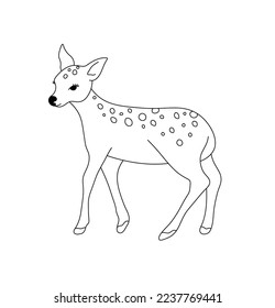 Vector isolated cute cartoon baby spotted deer fawn with spots side view colorless black and white contour line easy drawing