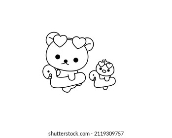 Vector aislado lindo oso de dibujos animados y pato en círculos inflables de flamingo dibujo de línea de contorno blanco y negro incoloro