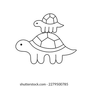 Vector isolated cute cartoon big turtle and baby turtle one turtle stands top another turtle colorless black   white contour line easy drawing
