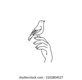 Vector isolated cute cartoon bird sitting on hand colorless black and white line contour doodle simple drawing