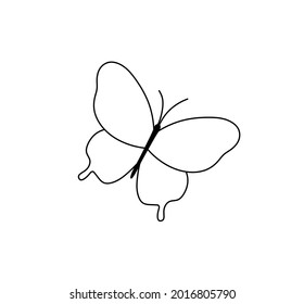 Vector isolated cute cartoon butterfly line drawing. Simple minimal tiny black line butterfly