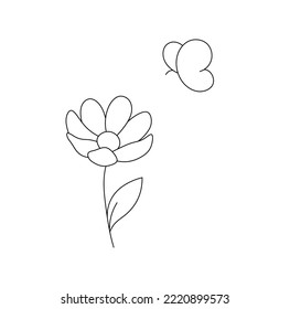 Vector isolated cute cartoon butterfly flying fluttering over one camomile flower colorless black and white contour line easy drawing