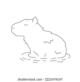 Vector isolated cute cartoon capybara beaver otter nutria guinea pig sitting in water colorless black and white contour line easy drawing