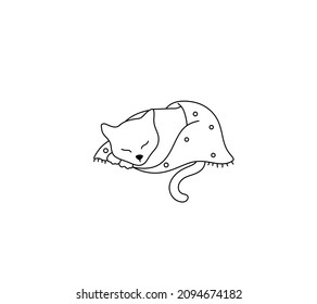 Vector isolated cute cartoon cat sleeping under the blanket contour line colorless black and white coloring page