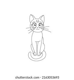 Vector isolated cute cartoon cat with moon symbol on its forehead colorless black and white contour line drawing
