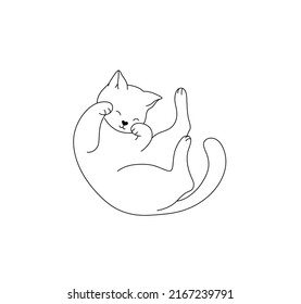 Vector isolated cute cartoon cat sleeping on its back colorless black and white contour line drawing