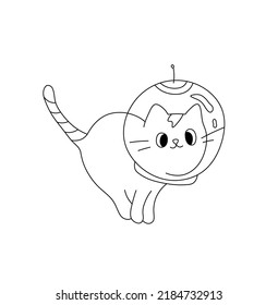 Vector isolated cute cartoon cat in space helmet flying in space  colorless black and white contour line drawing