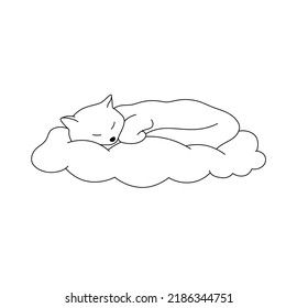 Vector isolated cute cartoon cat sleeping on a cloud colorless black and white contour line drawing