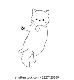 Vector isolated cute cartoon cat kitten lying on back in funny pose colorless black and white contour line easy drawing