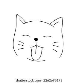 Vector isolated cute cartoon cat kitten head face muzzle with tongue out colorless black and white contour line easy drawing