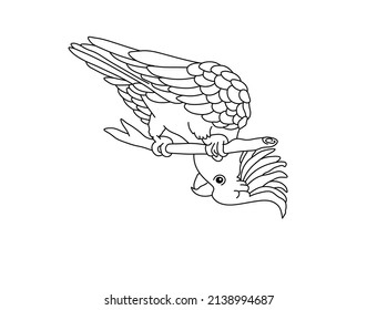 Vector isolated cute cartoon cockatoo parrot sitting on a branch hanging its head down colorless black and white contour line drawing
