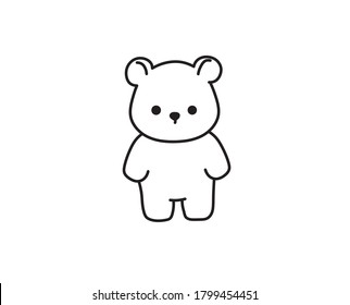 Vector isolated cute cartoon contour teddy bear toy. Colorless black and white line simple tiny bear doodle.