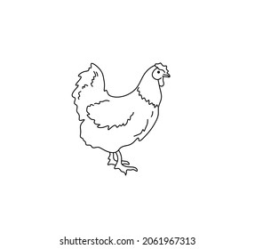 Vector aislado lindo dibujo de pollo con contorno de dibujos animados. Boceto esquemático de gallina blanca y negra sin color.