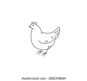 Vector isolated cute cartoon contour chicken drawing. Colorless black and white chicken hen hand doodle drawn outline sketch.