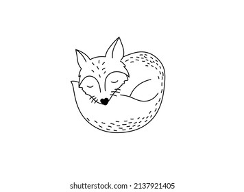 Vector isolated cute cartoon curled up sleeping fox colorless black and white contour line doodle drawing