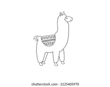 Vector isolated cute cartoon curly wavy alpaca colorless black and white contour line doodle drawing