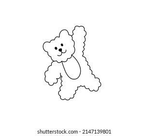 Vector aislado lindo caricatura juguete de oso de peluche rizado con la pata hacia arriba incoloro línea de contorno blanco y negro dibujo de mano de doodle