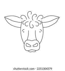 Vector isolated cute cartoon curly cow calf bull without horns hornless head face portrait muzzle
colorless black and white contour line easy drawing