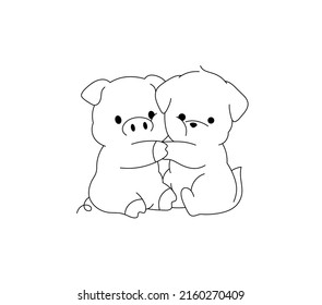 Vector Isolated Cute Cartoon Dog Hugging With Pig Colorless Black And White Contour Line Drawing