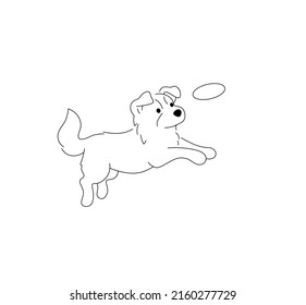 Vector Isolated Cute Cartoon Dog Jumping For A Frisbee Colorless Black And White Contour Line Drawing