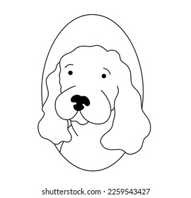Vector isolated cute cartoon dog portrait in oval frame spaniel colorless black and white contour line easy drawing